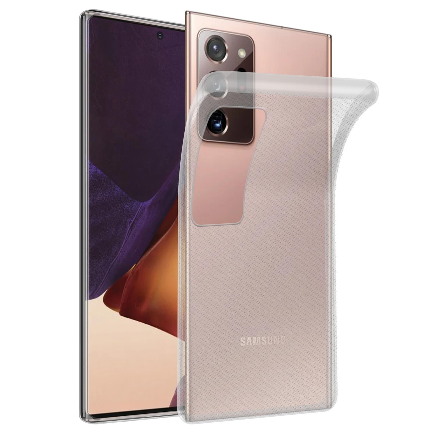 Transparente Handyhülle auf einem Telefon. Das Telefon ist roségold. Weißer Hintergrund.