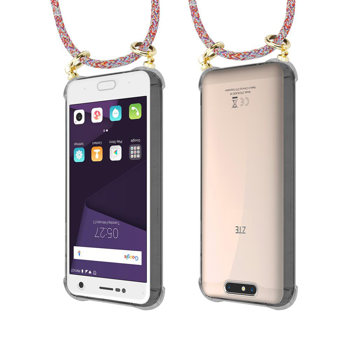 Telefon mit Hülle und Riemen, mit Vorder- und Rückansicht.