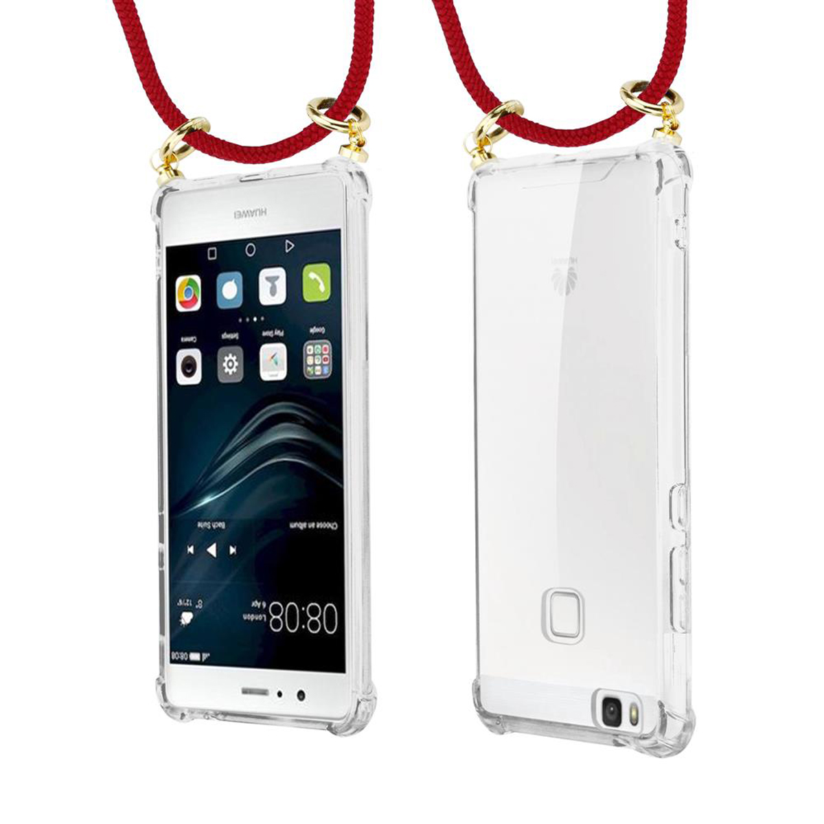 Ein Telefon in einer transparenten Hülle mit einem Schlüsselband. Zwei Ansichten des Telefons sind zu sehen.