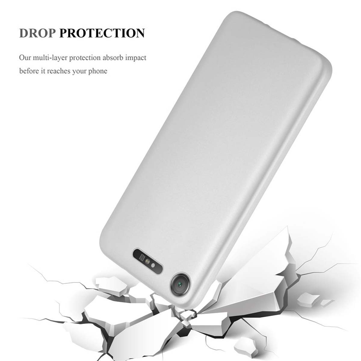 Custodia che cade, rompe una superficie. Testo: 'Drop Protection', assorbimento impatto.