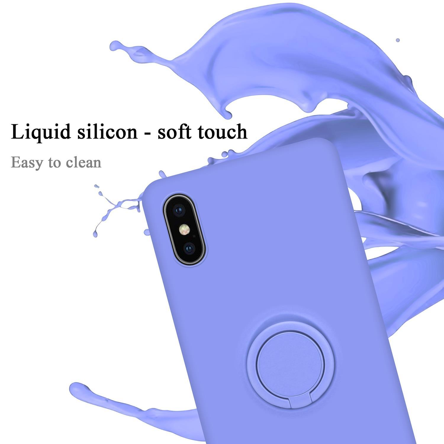 Custodia blu per telefono con supporto ad anello. Effetto splash sullo sfondo. Testo: Silicone liquido - tocco morbido.