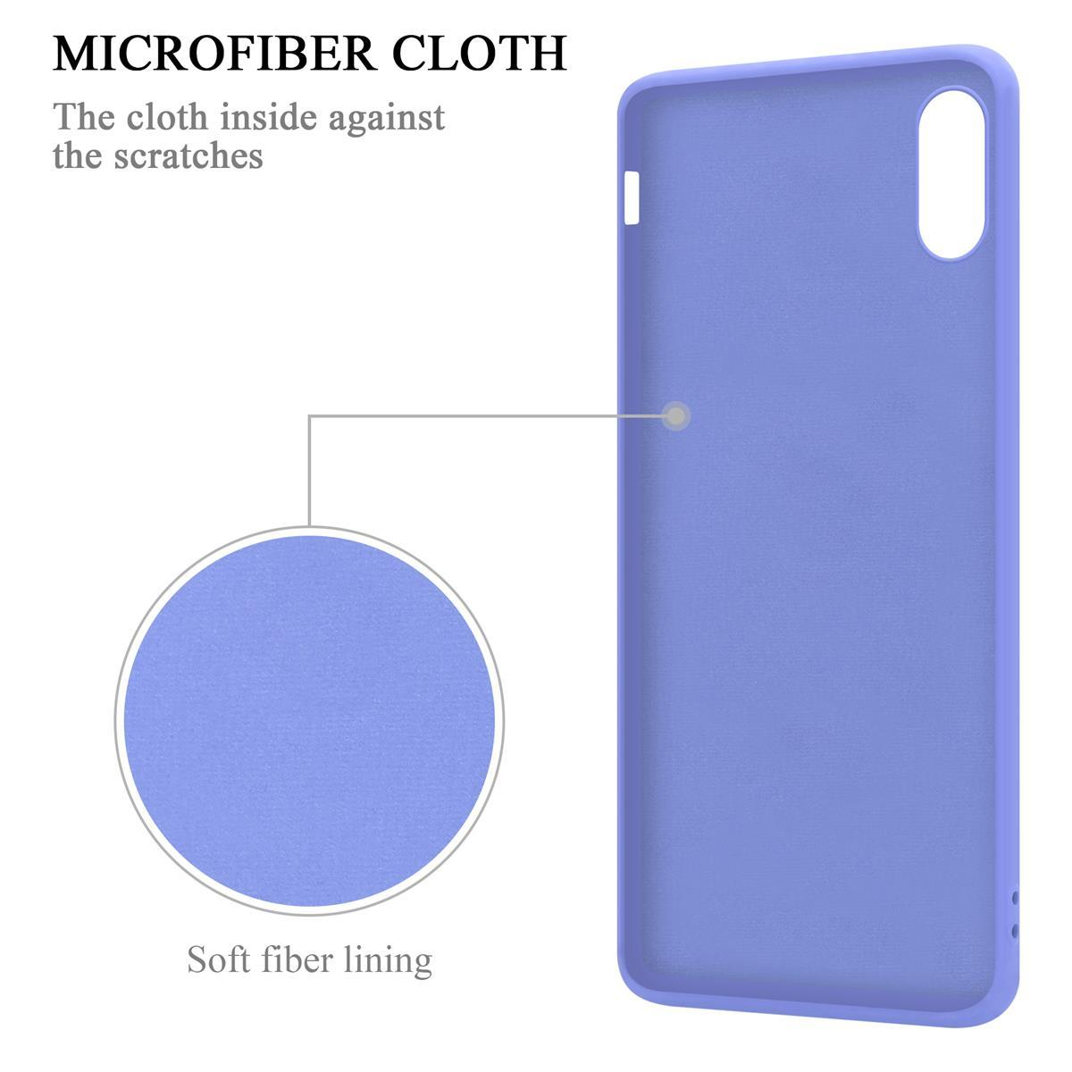 Una custodia per telefono color lavanda con una morbida fodera in fibra. C'è un cerchio per mostrare il dettaglio della fodera.