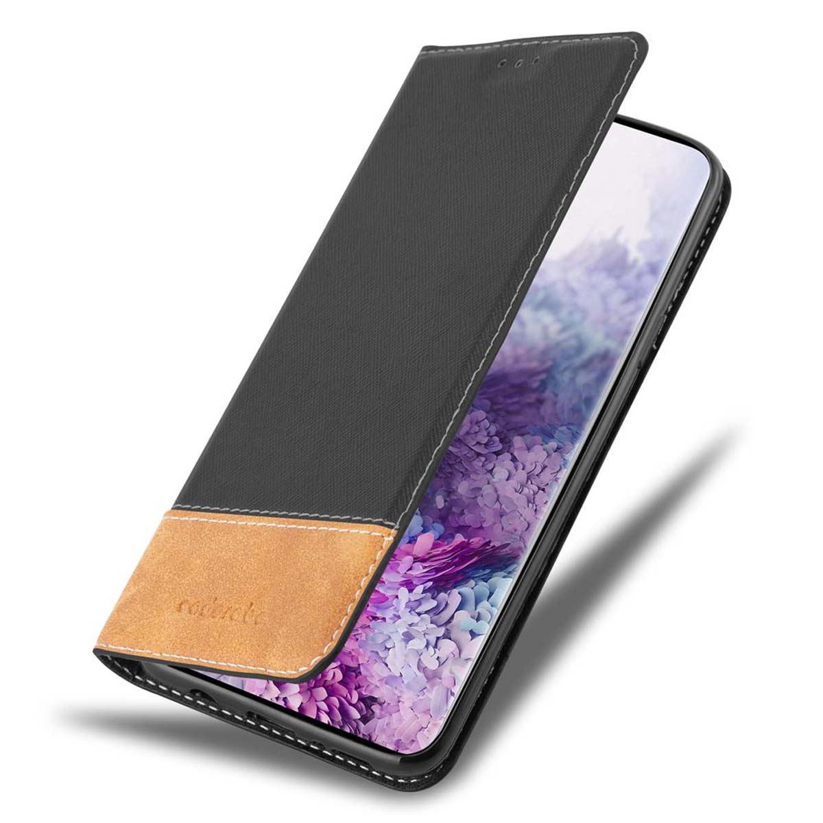 Schwarz-braune Handyhülle. Das Telefon ist teilweise sichtbar. Die Hülle ist offen.
