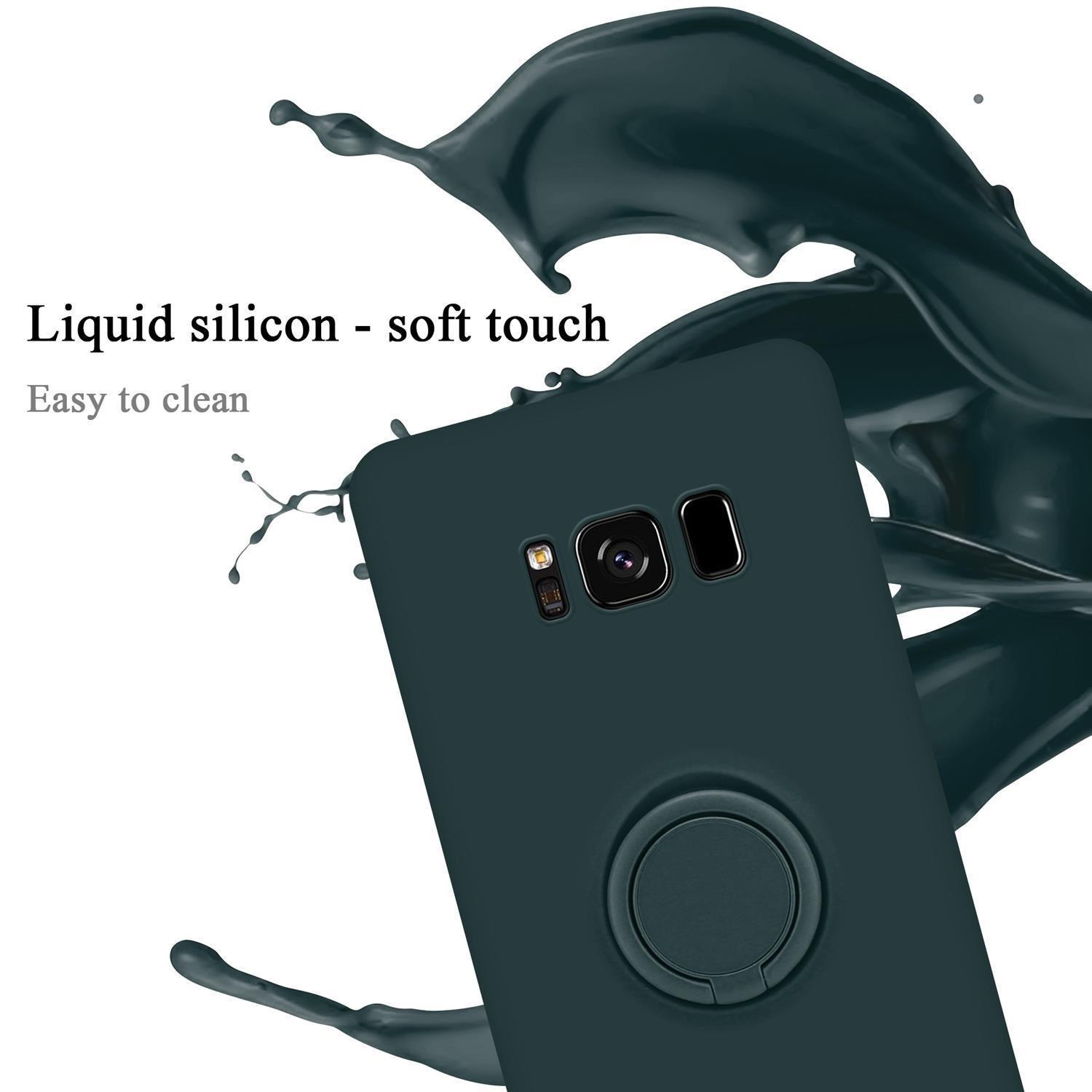 Custodia per telefono verde scuro con anello. Silicone liquido, tocco morbido. Liquido scuro sullo sfondo.