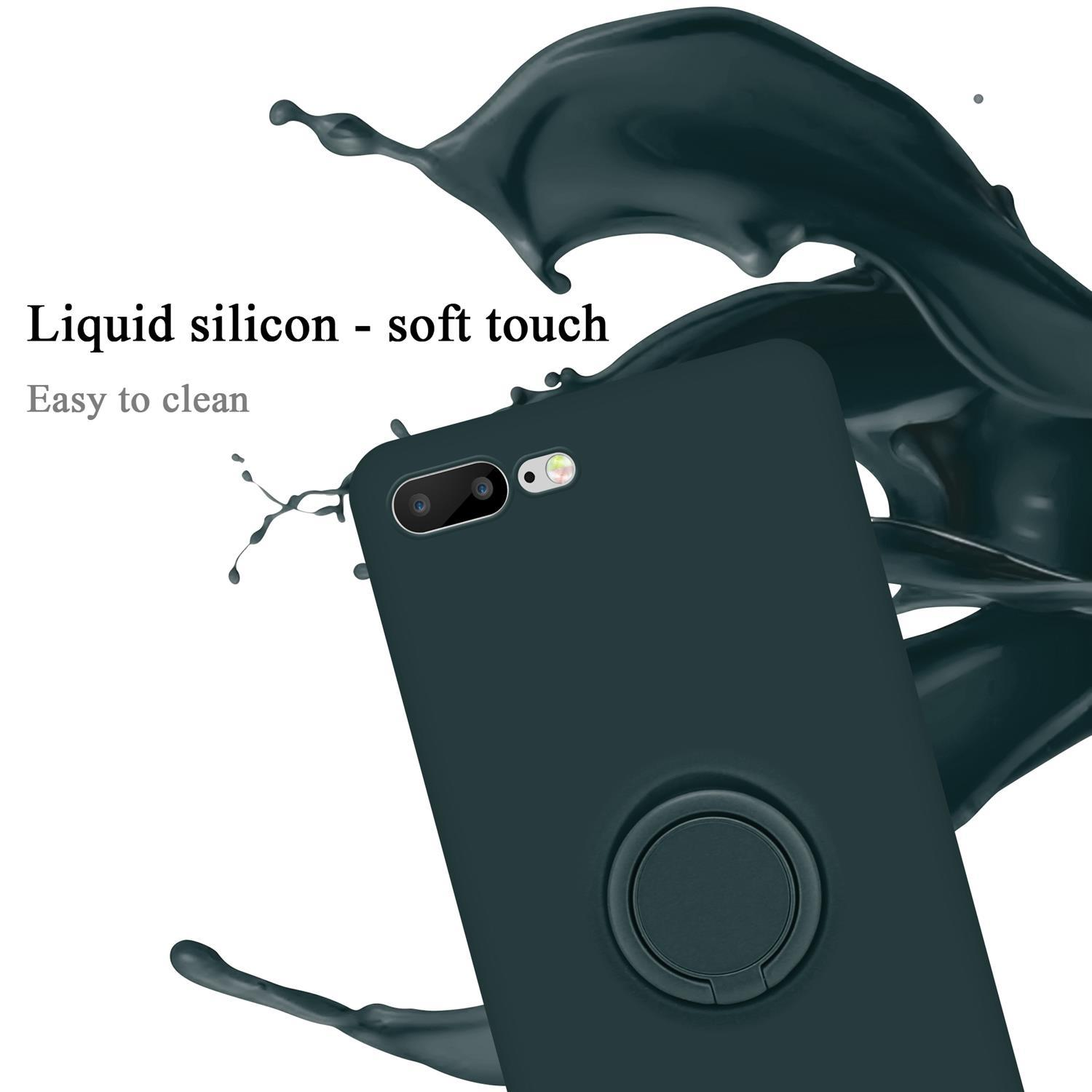 Una custodia per telefono verde scuro con un supporto ad anello e uno schizzo di liquido verde scuro.