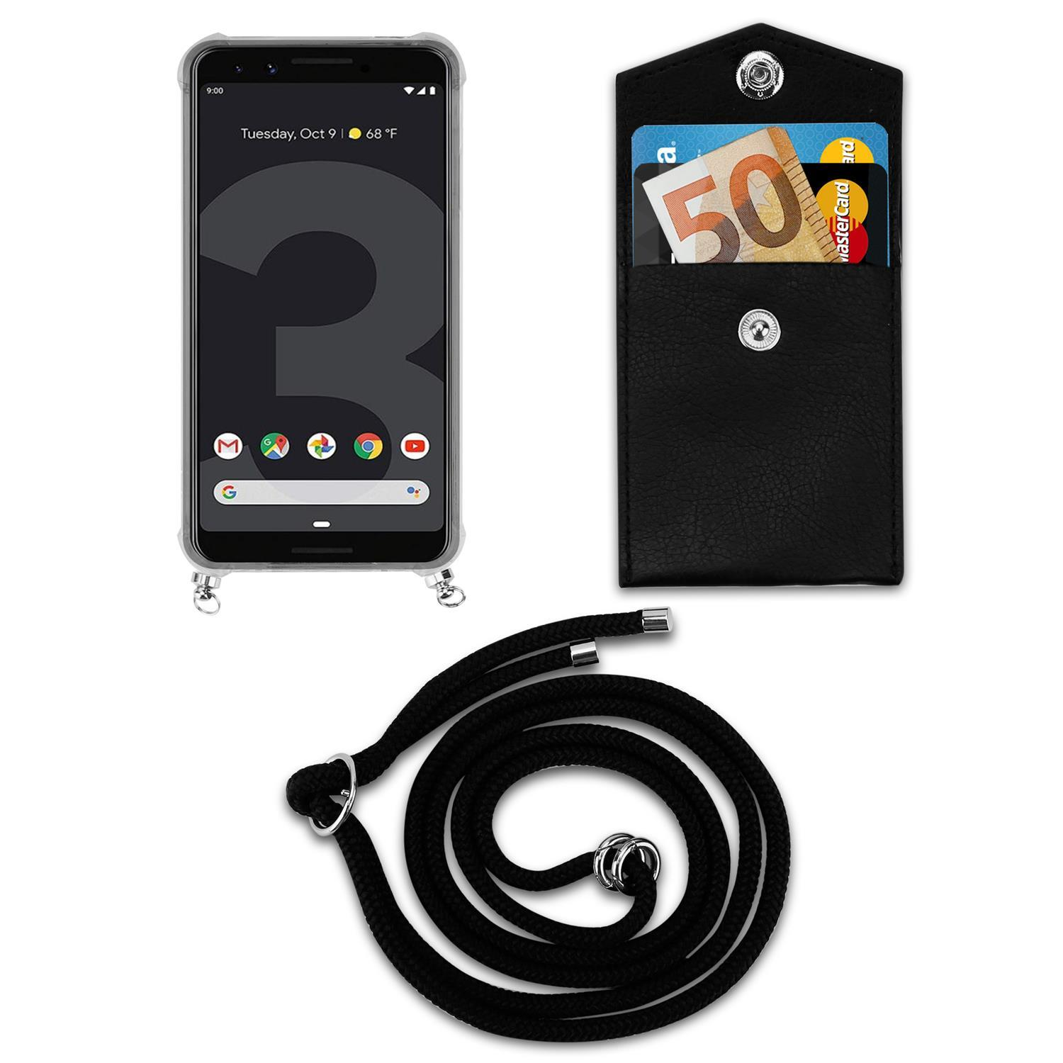 Telefon mit Hülle und Kartenhalter mit Karten darin, verbunden mit einem schwarzen Schlüsselband.