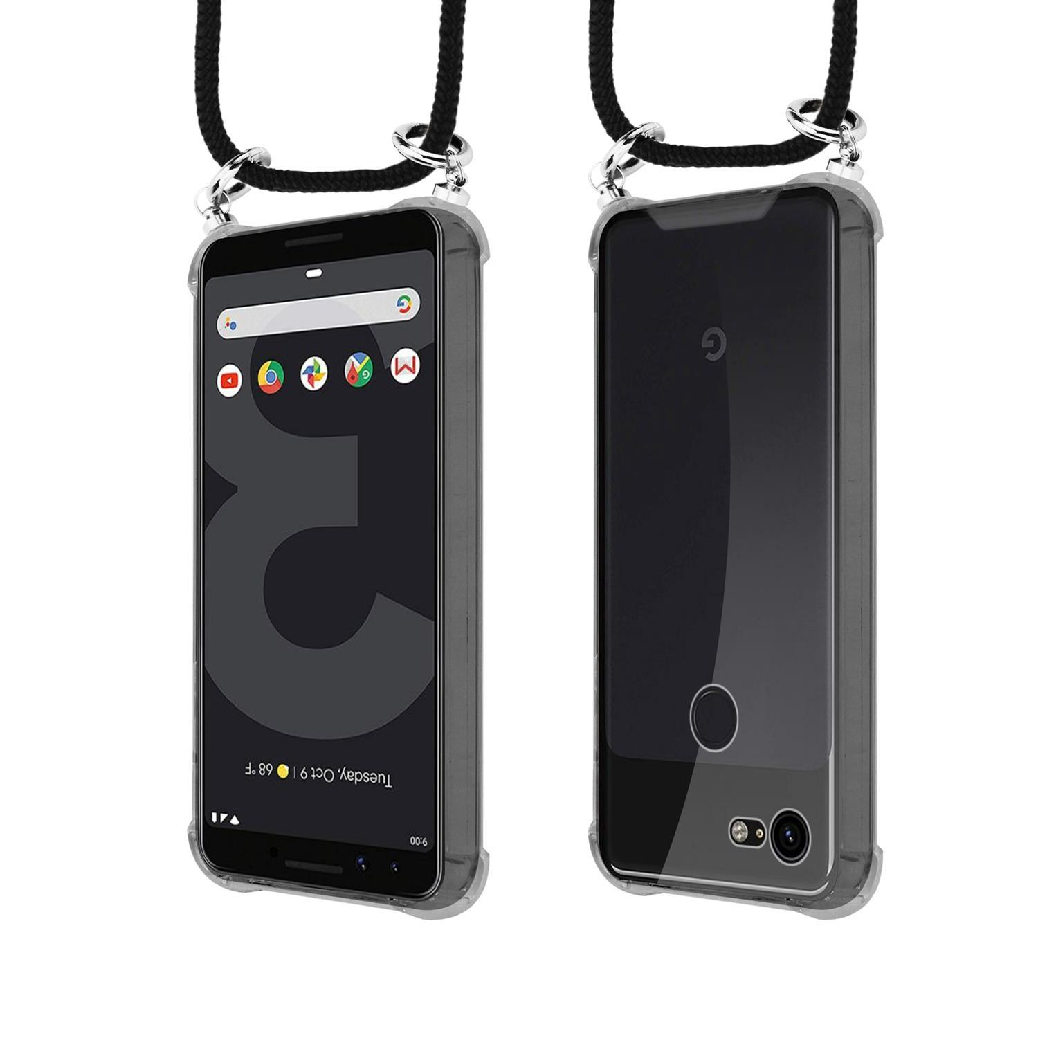 Zwei Telefone in transparenten Hüllen mit Nackengurten. Telefone sind eingeschaltet. Die Hülle hat ein schwarzes Band.