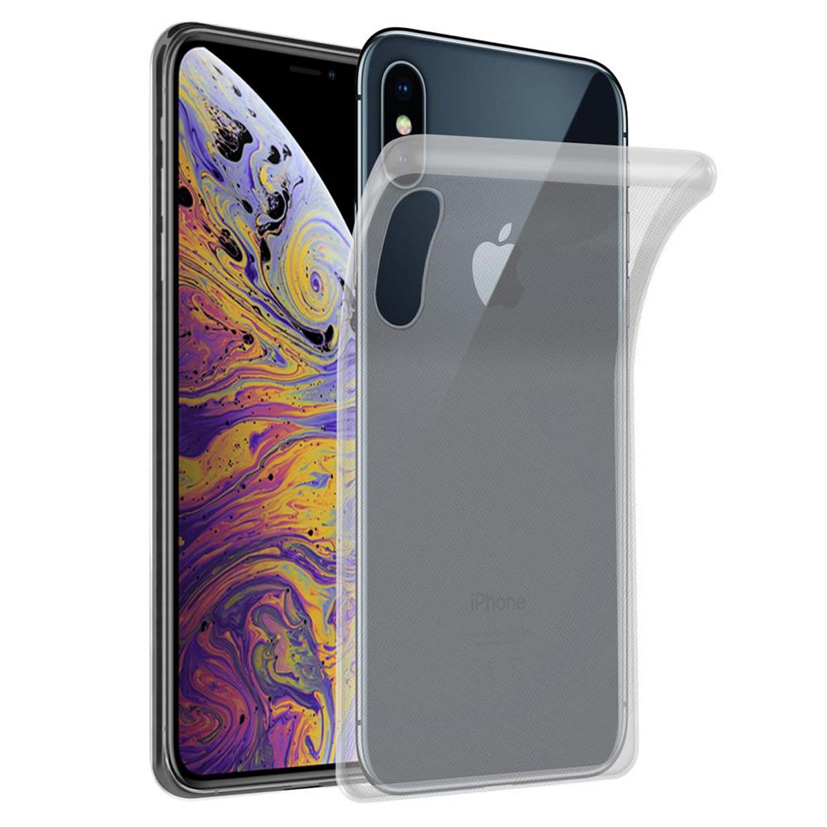 Ein Telefon mit transparentem Gehäuse, das seine Rückseite mit einem Apple-Logo zeigt. Das Gehäuse ist offen.
