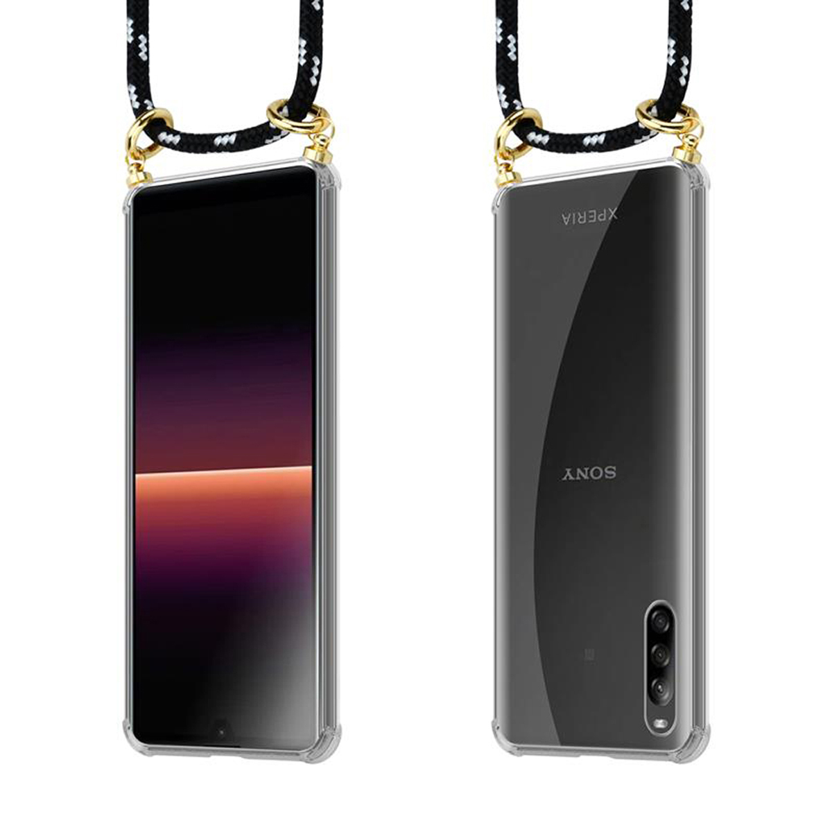 Telefono con custodia e cordino, vista anteriore e posteriore. Mostra il logo Sony. Il cordino è nero e bianco.