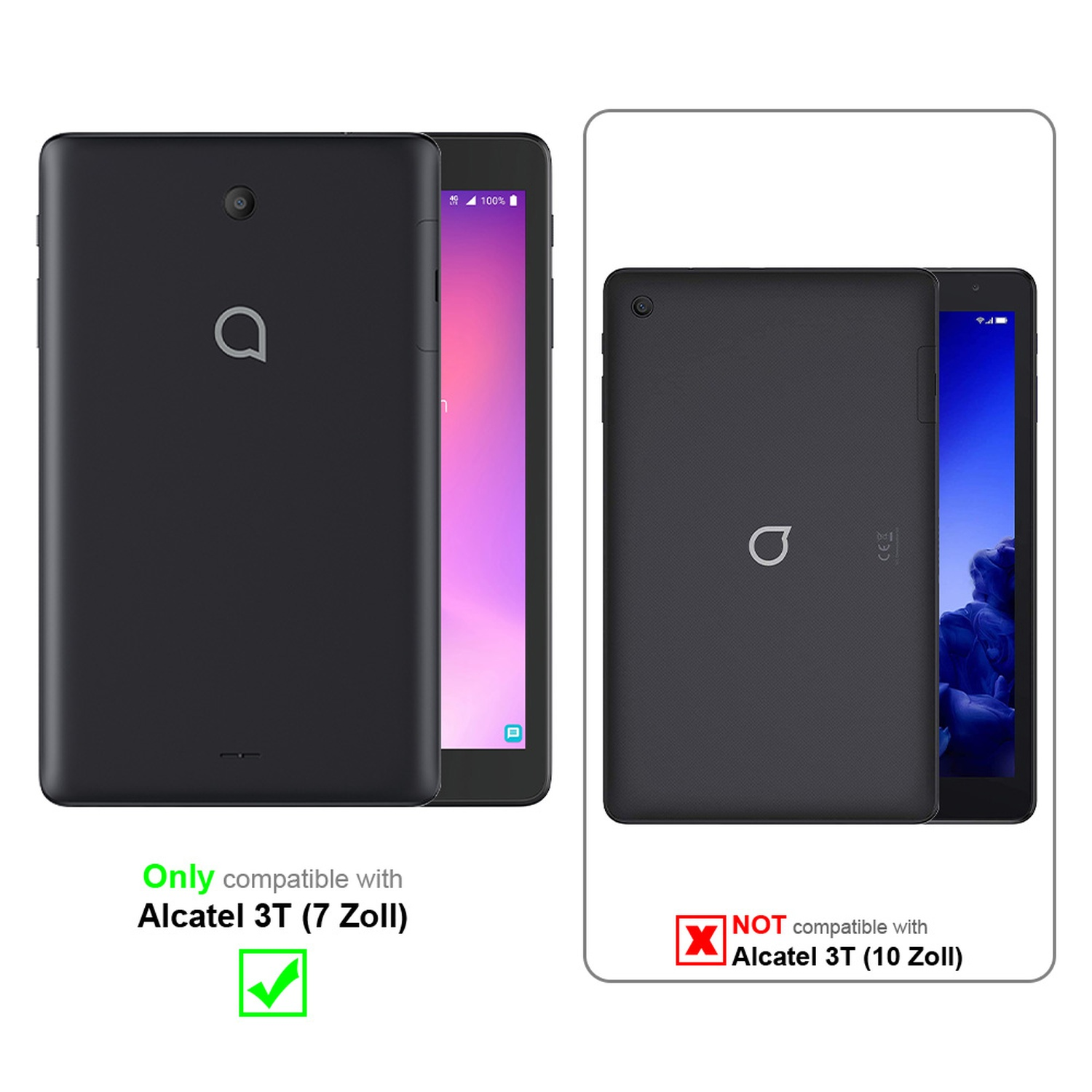 Zwei Tablets, eines mit und eines ohne Hülle. Text weist auf Kompatibilität mit 7-Zoll-Modell hin.