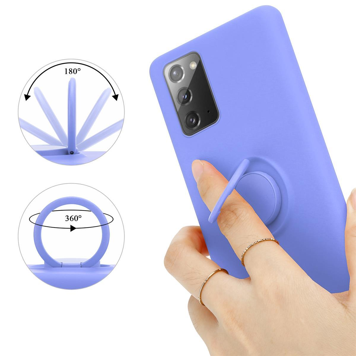 Lila Handyhülle mit Ringhalter. Zeigt 180 und 360 Grad Drehung. Eine Hand berührt sie.
