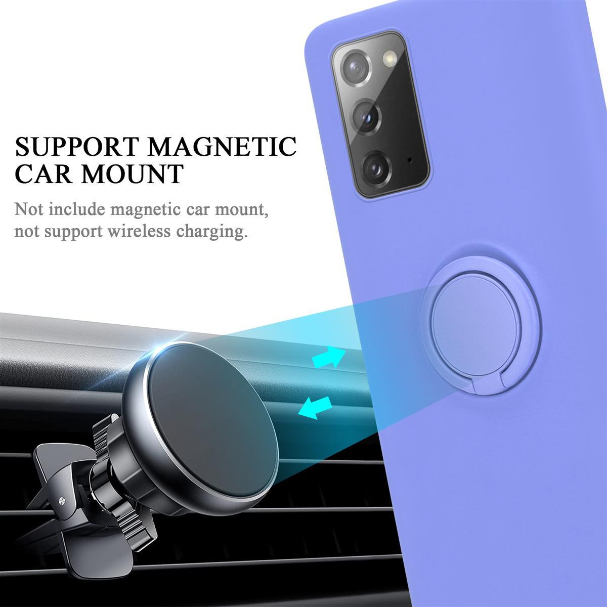 Eine blaue Handyhülle mit Ringhalter. Eine magnetische Autohalterung und eine Lüftungsöffnung sind im Hintergrund.