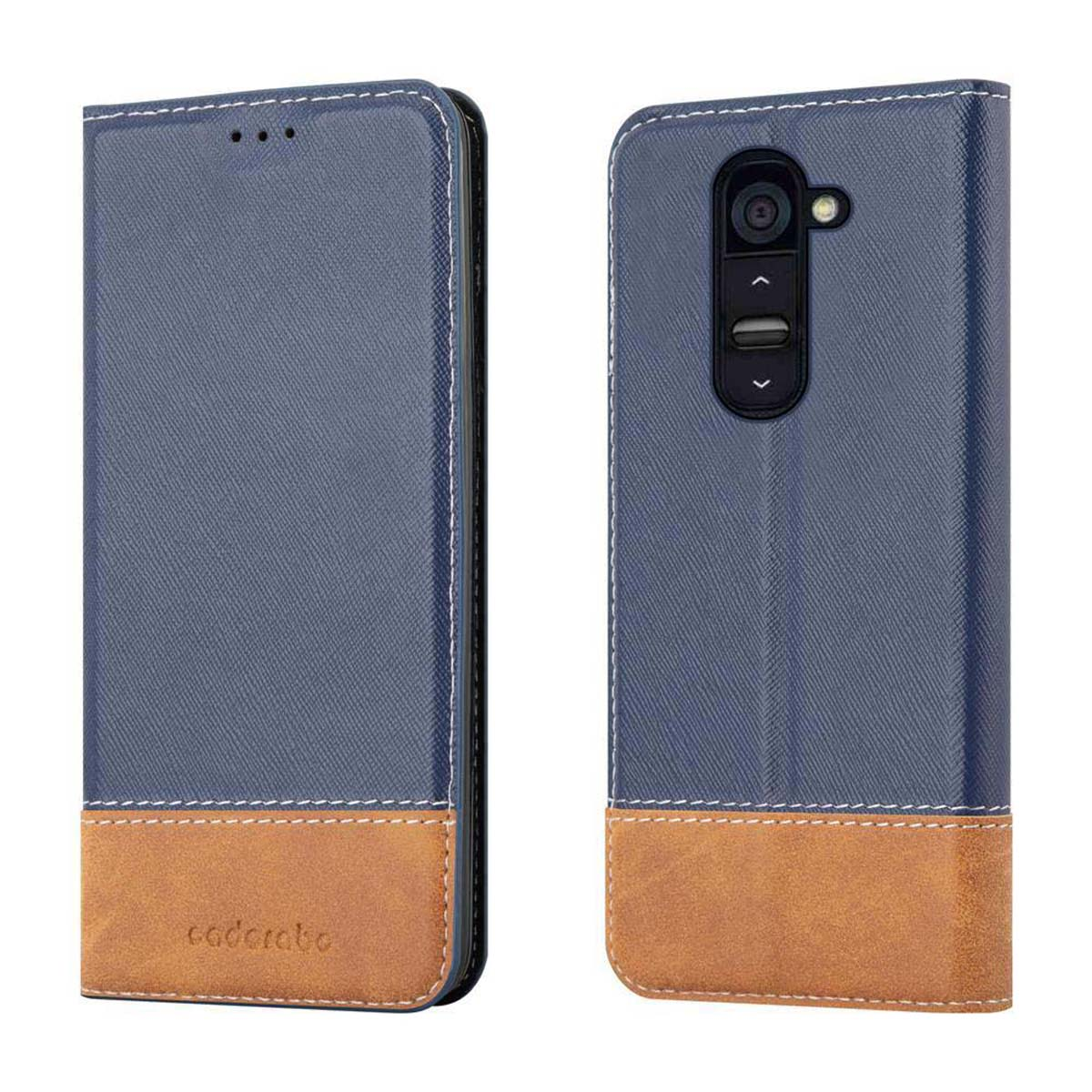 Étui de téléphone en deux parties, bleu et marron, ouvert et fermé. L'ouverture montre l'écran du téléphone.