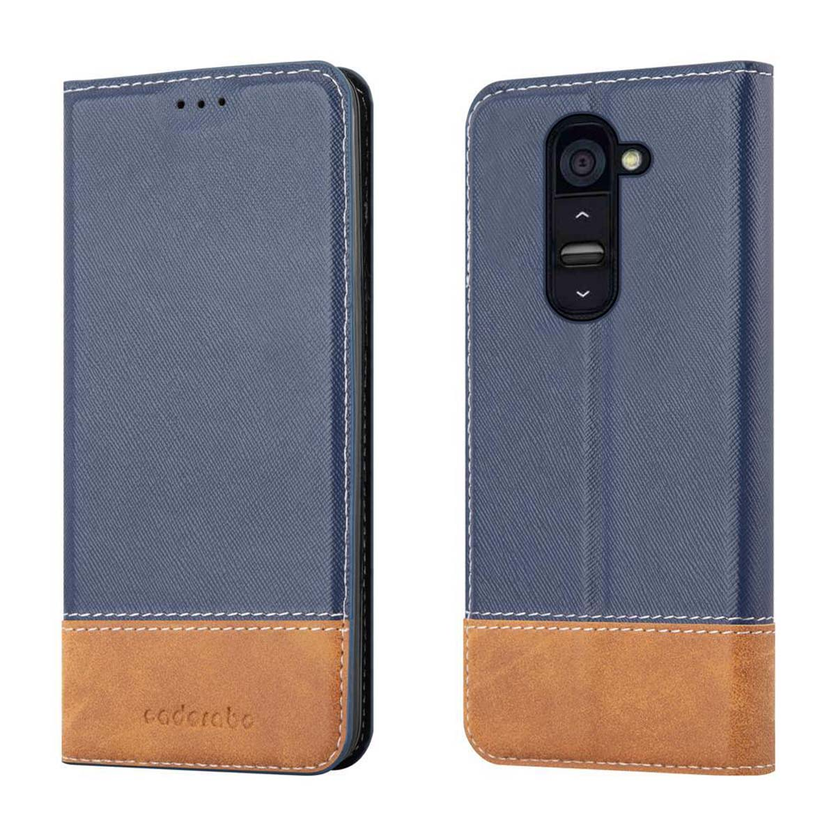 Étui de téléphone bleu et marron ouvert, avec des bords cousus. Le téléphone a une caméra visible et l'étui est en simili cuir.