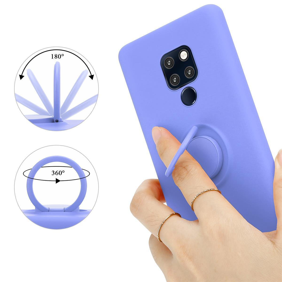 Una custodia per telefono viola chiaro con un supporto ad anello. Mano che tiene la custodia con due anelli al dito.