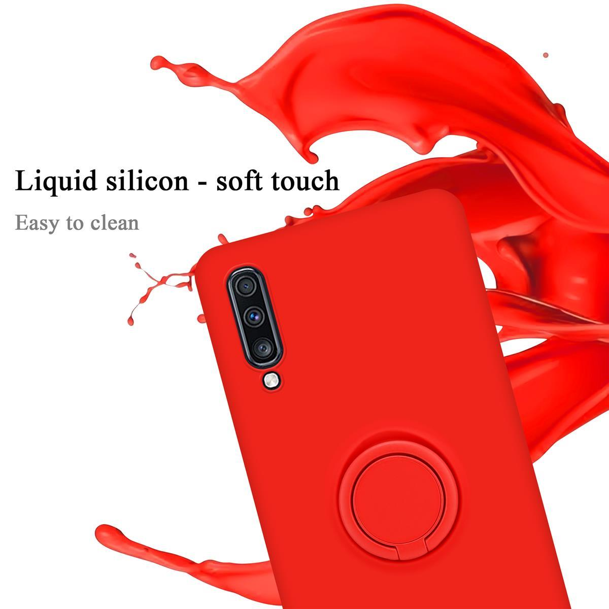 Custodia rossa per telefono con anello. Sfondo rosso a spruzzo. Testo sul tocco morbido.