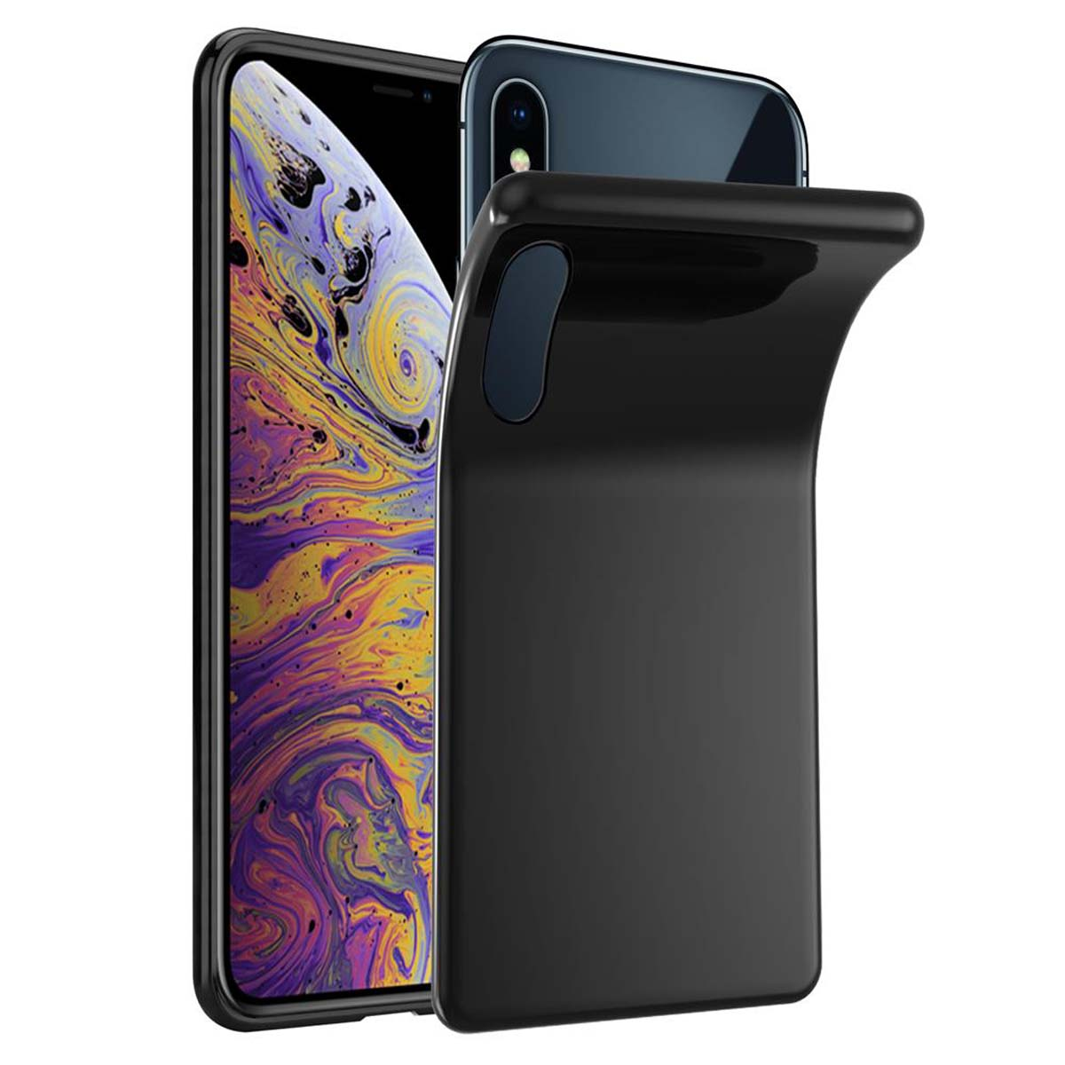 Ein schwarzes Telefon mit einer Hülle, das von jemandem gehalten wird. Die Rückseite des Telefons ist sichtbar.