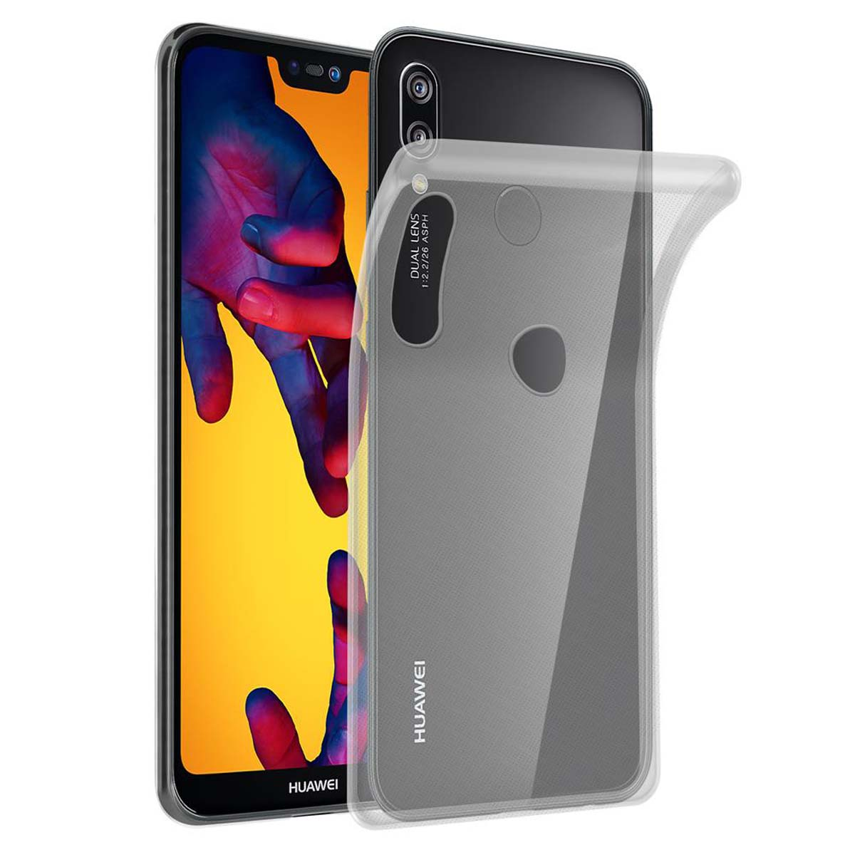 Smartphone mit Bildschirm, der Hände zeigt, und einer durchsichtigen Hülle auf der Rückseite.