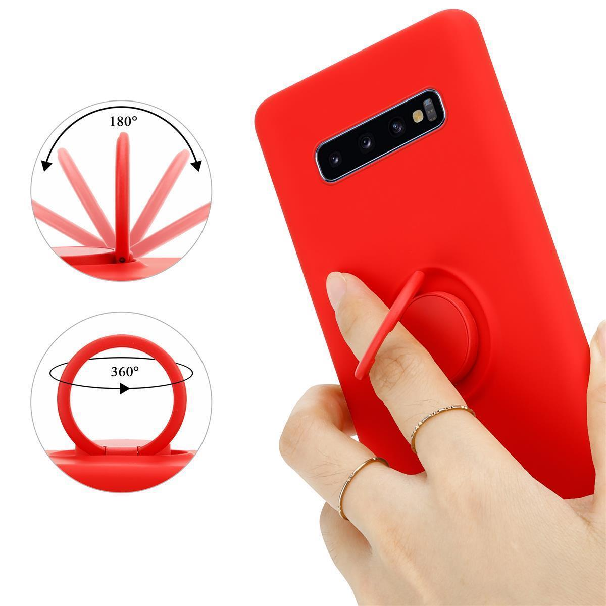 Custodia rossa per telefono con supporto pop-up. Una mano con anelli tiene il telefono.