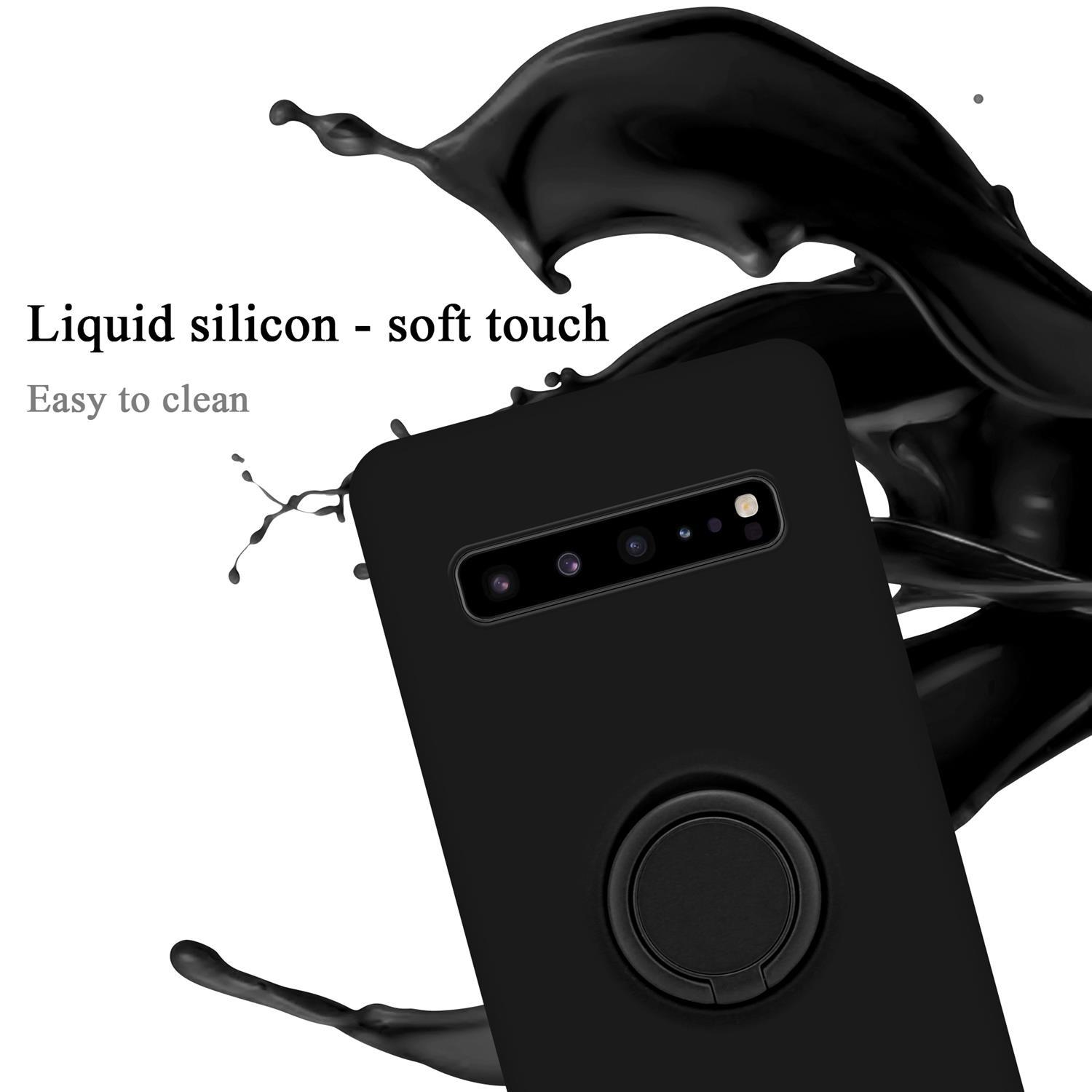 Custodia nera per telefono con anello, schizzo di vernice nera sullo sfondo, testo: 'Silicone liquido'.