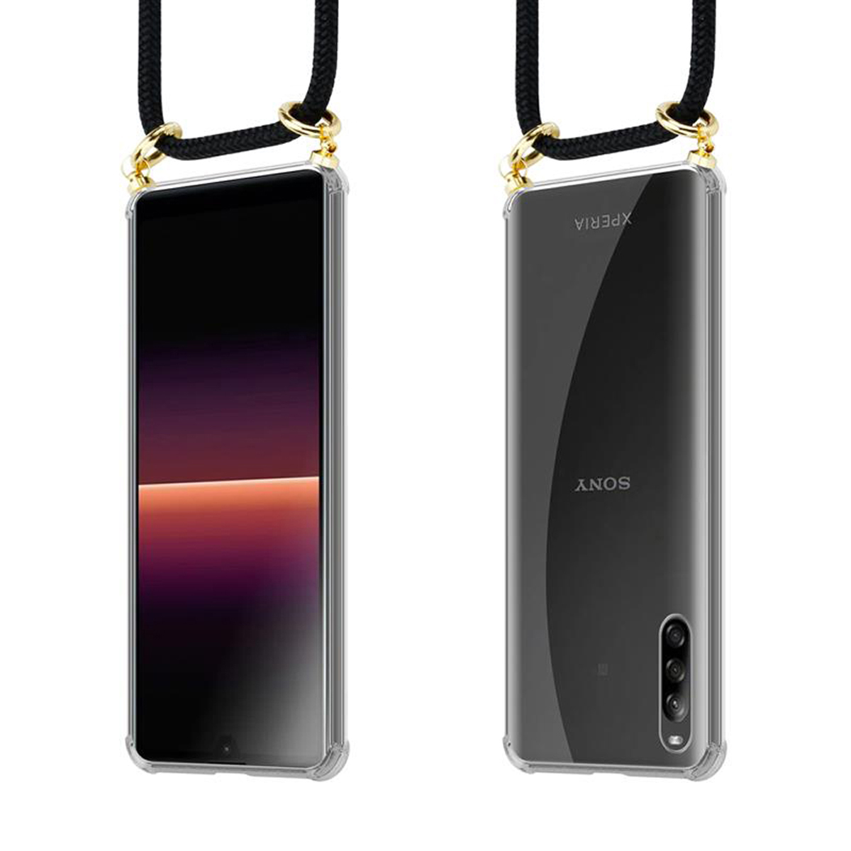 Due viste di un telefono in custodia trasparente con cordino nero. Modello Xperia.
