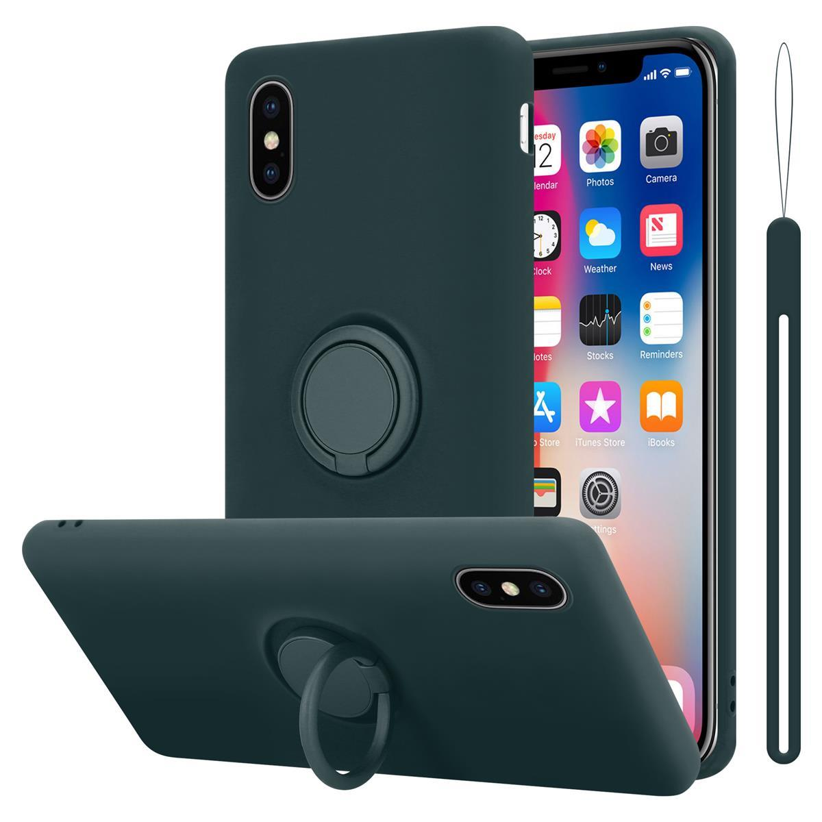 Custodia verde per telefono con anello, telefono con app, su sfondo bianco.