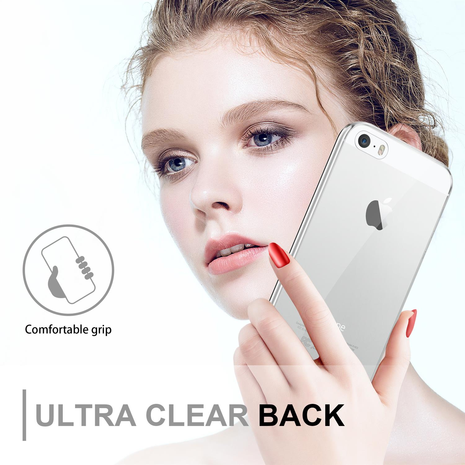 Una donna che tiene una custodia trasparente sopra un iPhone. La custodia è trasparente con un logo Apple.
