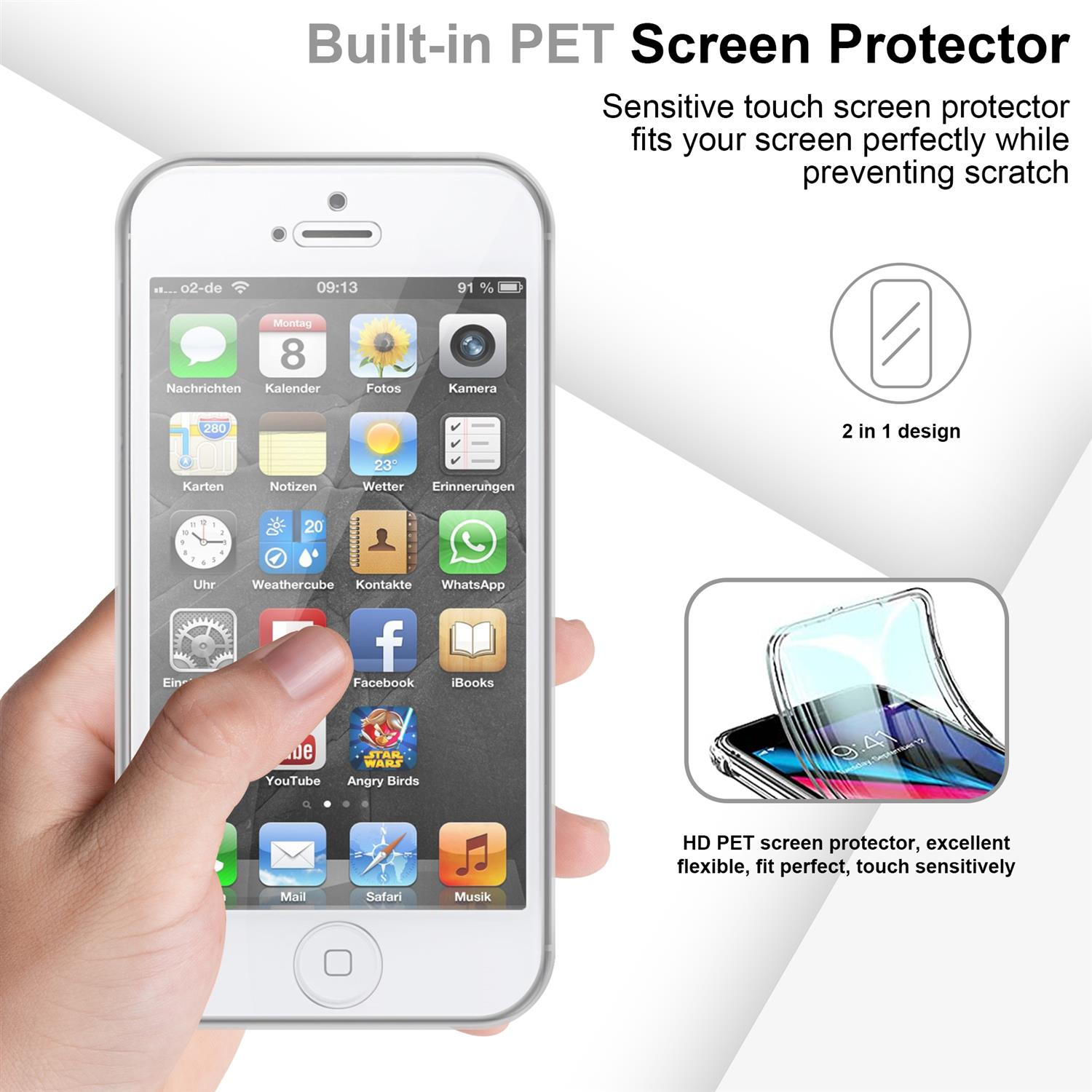 Mano che tiene un telefono con icone, una protezione per lo schermo e testo sulla protezione dello schermo.