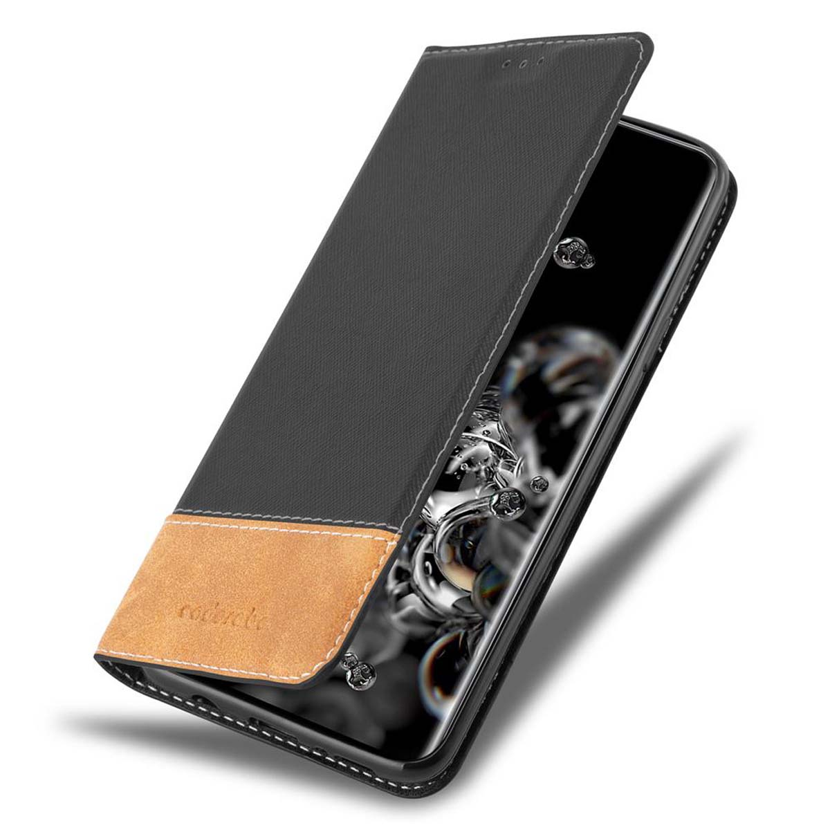 Schwarze Handyhülle. Sie hat eine Klapphülle. Die Hülle ist geöffnet und zeigt den Telefonbildschirm.