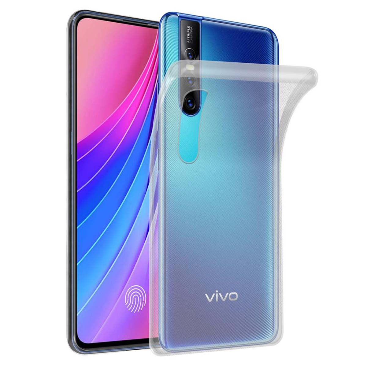 Ein Telefon mit klarer Hülle wird gezeigt. Das Telefon hat eine blaue Farbverlaufsrückseite.