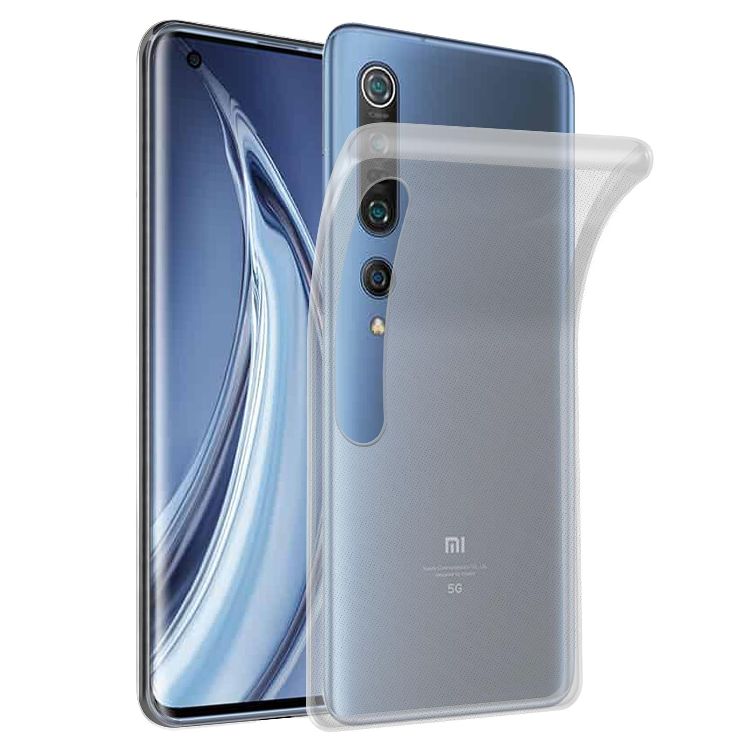 Un telefono blu con una custodia trasparente. La custodia mostra la fotocamera posteriore.