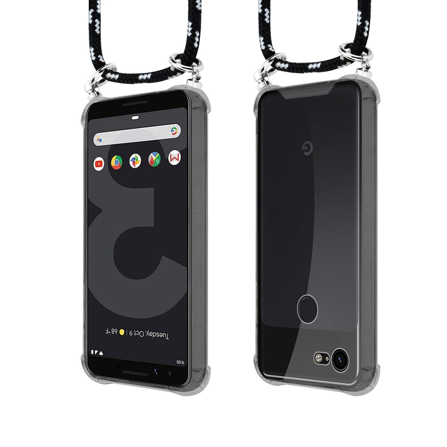 Zwei Telefone in Hüllen mit Kordeln. Eines zeigt Google-Apps, das andere eine schlichte Rückseite. Beide haben klare Hüllen.