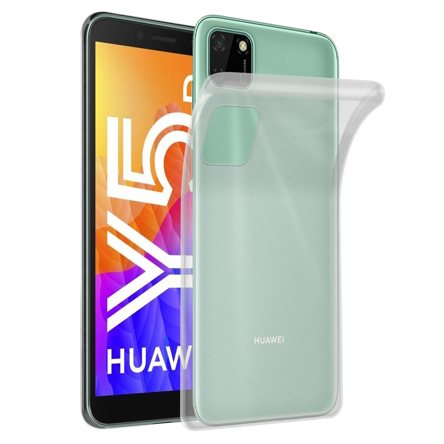 Telefon mit mintgrüner Rückseite. Es hat eine transparente Hülle. Der Bildschirm zeigt ein weißes Y und das Wort HUAWEI.