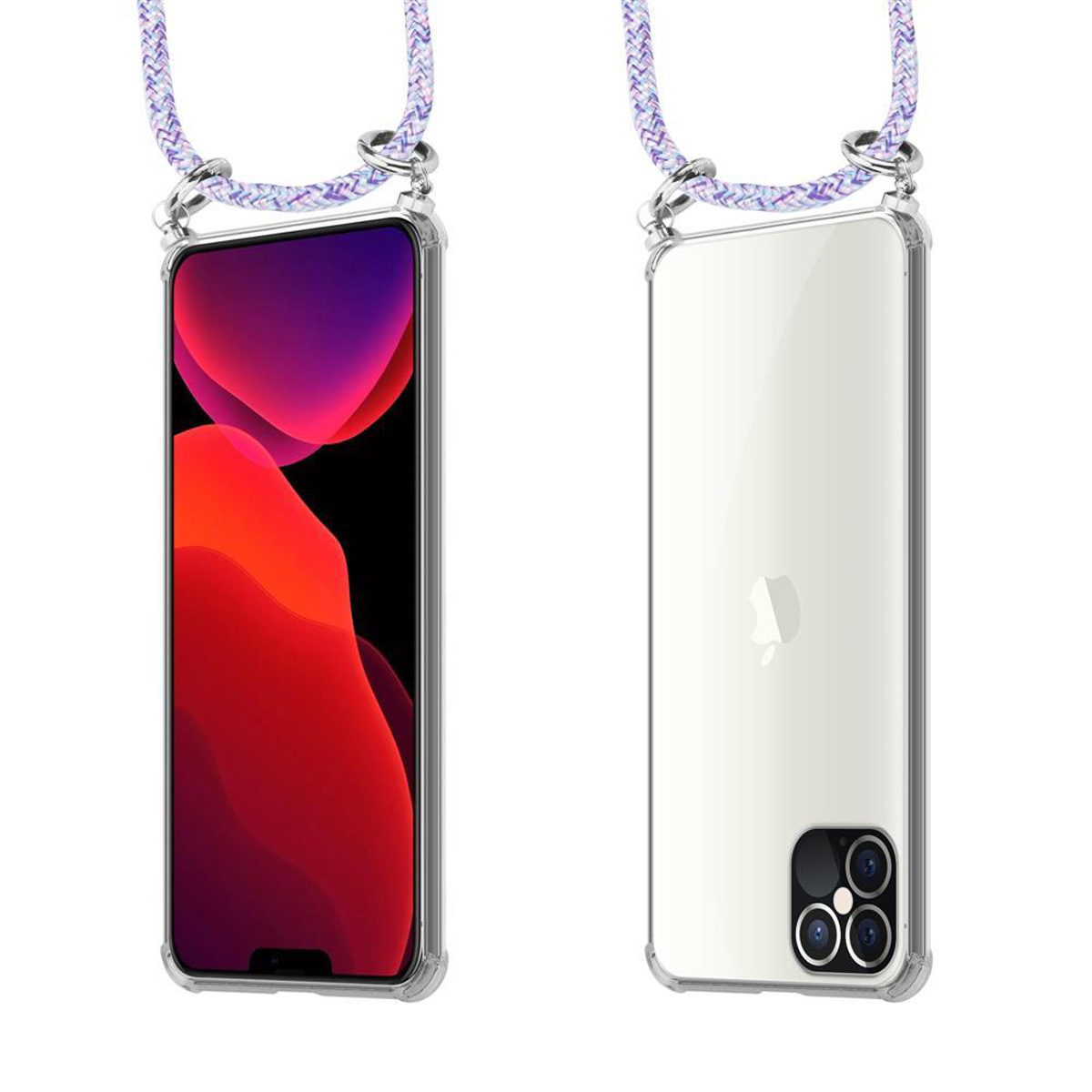 Due telefoni con custodie trasparenti e un cordino. Uno mostra uno sfondo astratto rosso.