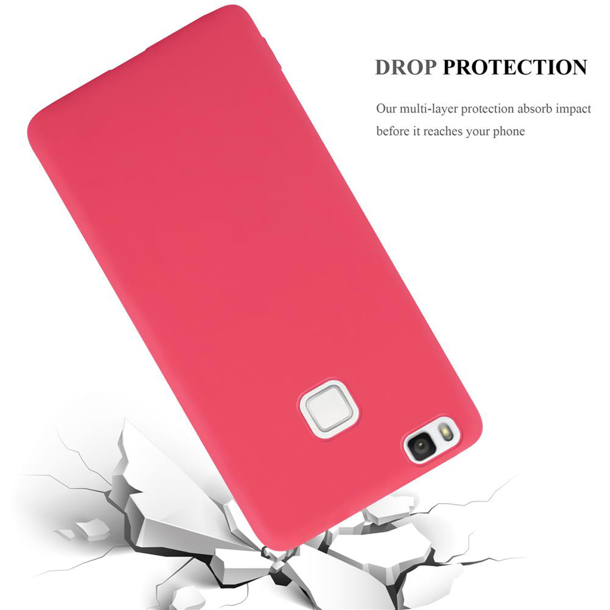 Funda de teléfono roja, vista en ángulo, con fondo blanco y texto sobre protección contra caídas.