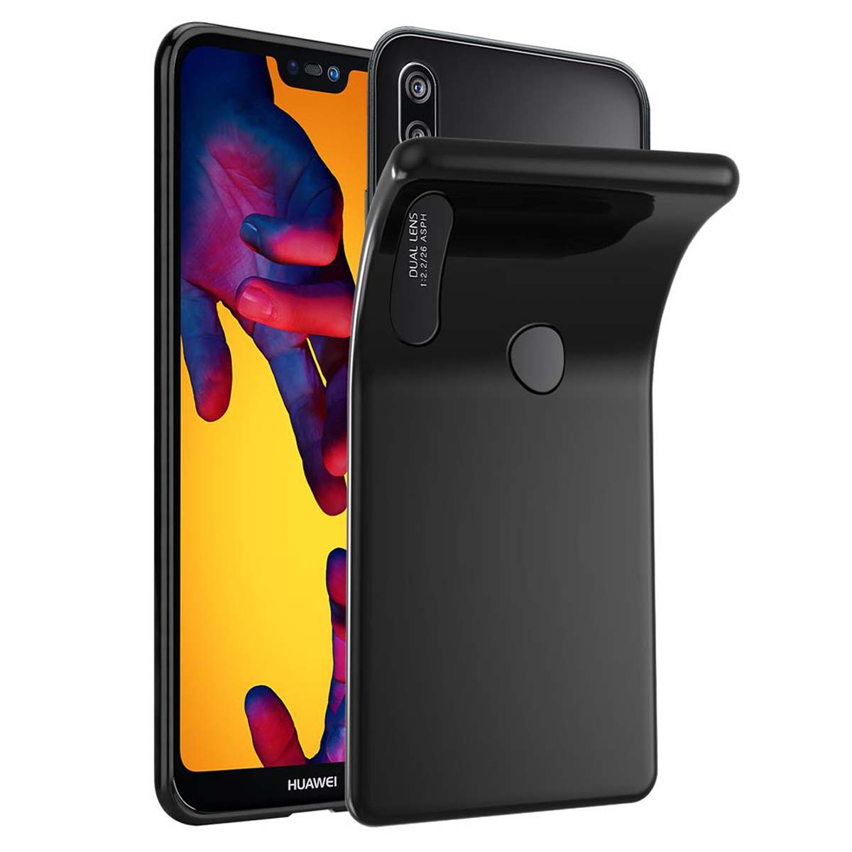 Schwarze Handyhülle mit Telefon darin. Eine Hand hält die Hülle offen. Der Telefonbildschirm ist sichtbar.