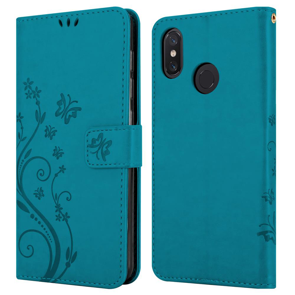 Custodia per telefono verde acqua con design a farfalla e chiusura. La custodia è chiusa e aperta, mostrando il telefono.