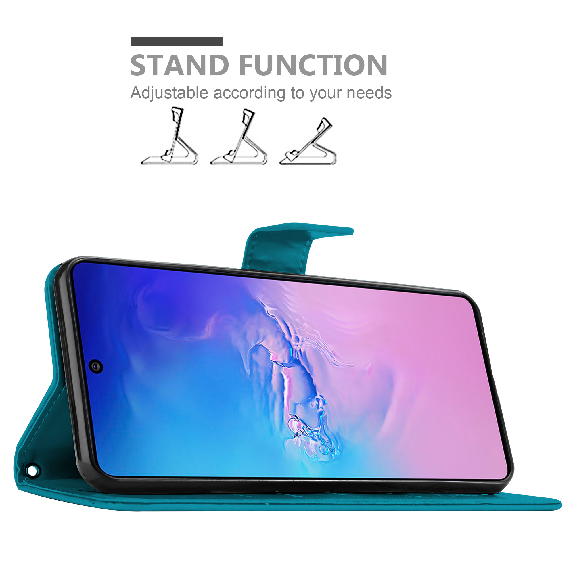 Custodia per telefono verde acqua. Il telefono è nella custodia con lo schermo visibile. Viene mostrata anche la funzione stand.