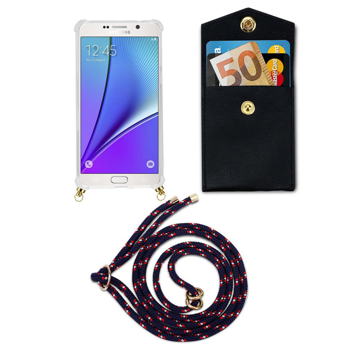 Telefono in custodia trasparente con cordino. Pochette in pelle nera con soldi e carte. Sfondo bianco.