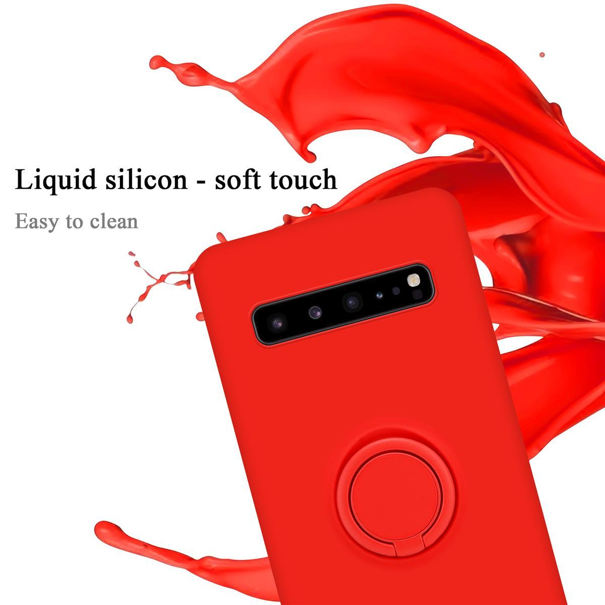Custodia rossa con anello, primo piano, con le parole 'Liquid silicon - soft touch'.