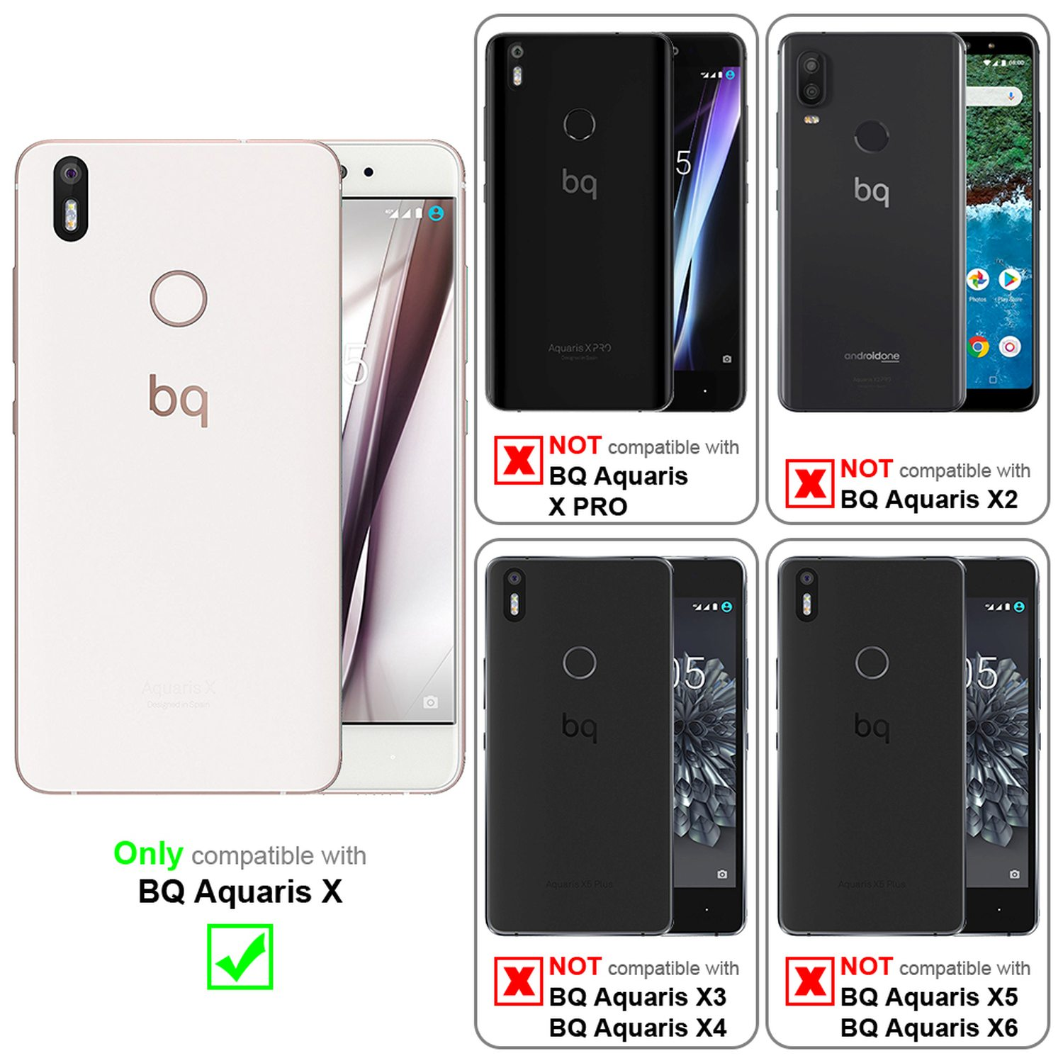 Custodie per telefono multiple. Le custodie sono nere, bianche e rosa. Il testo indica la compatibilità e l'incompatibilità con i modelli di telefono.