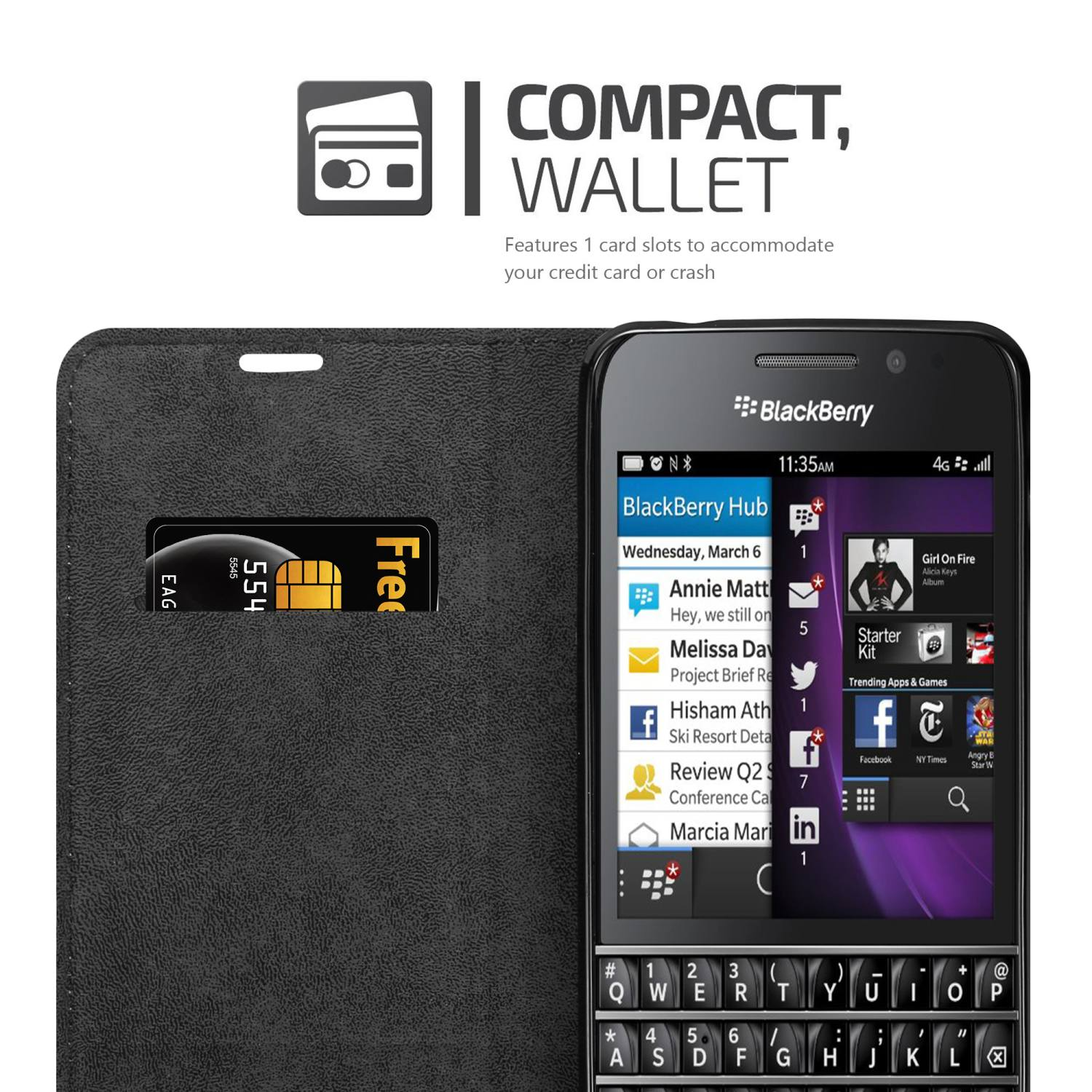 BlackBerry-Telefon mit schwarzem Gehäuse. Eine Karte ist im Portemonnaie sichtbar.