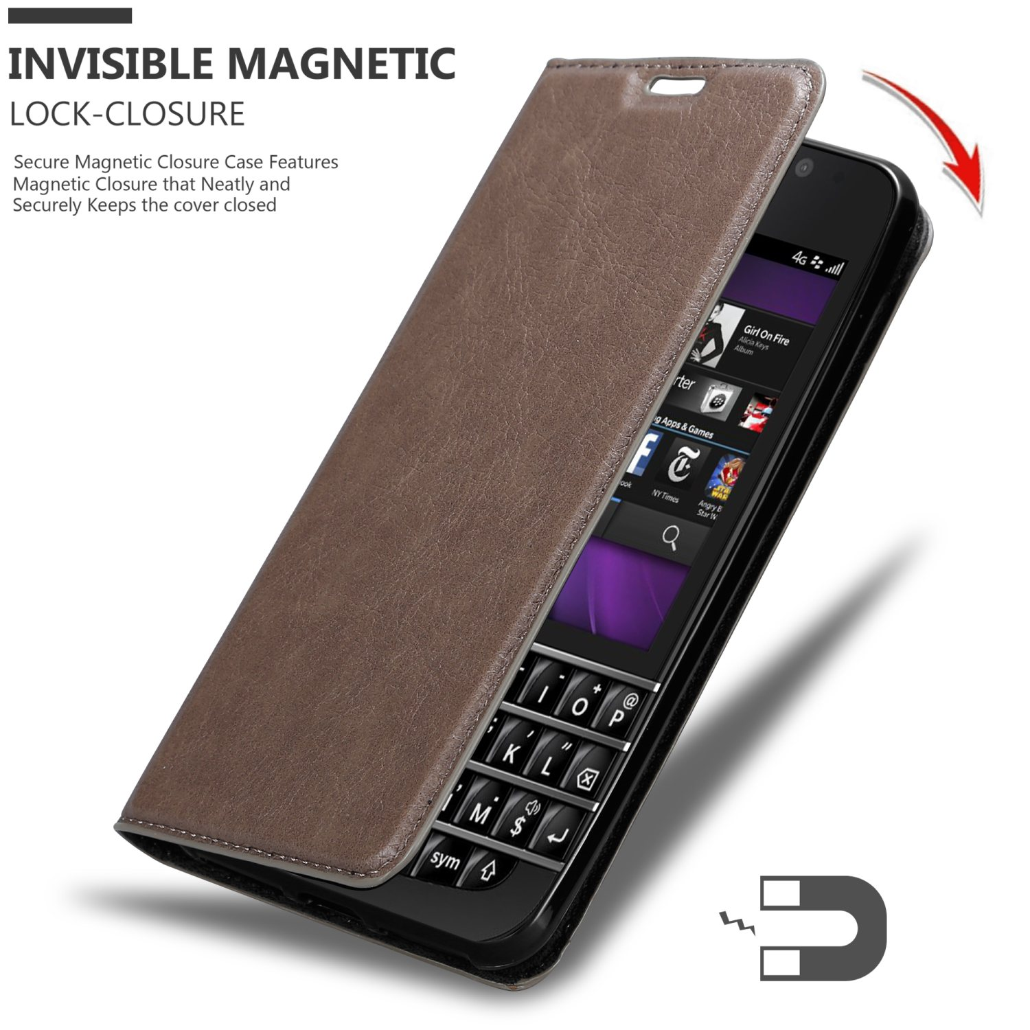 Telefon in brauner Lederhülle, geöffnet, Tastatur zeigend. Text: 'INVISIBLE MAGNETIC LOCK-CLOSURE'.