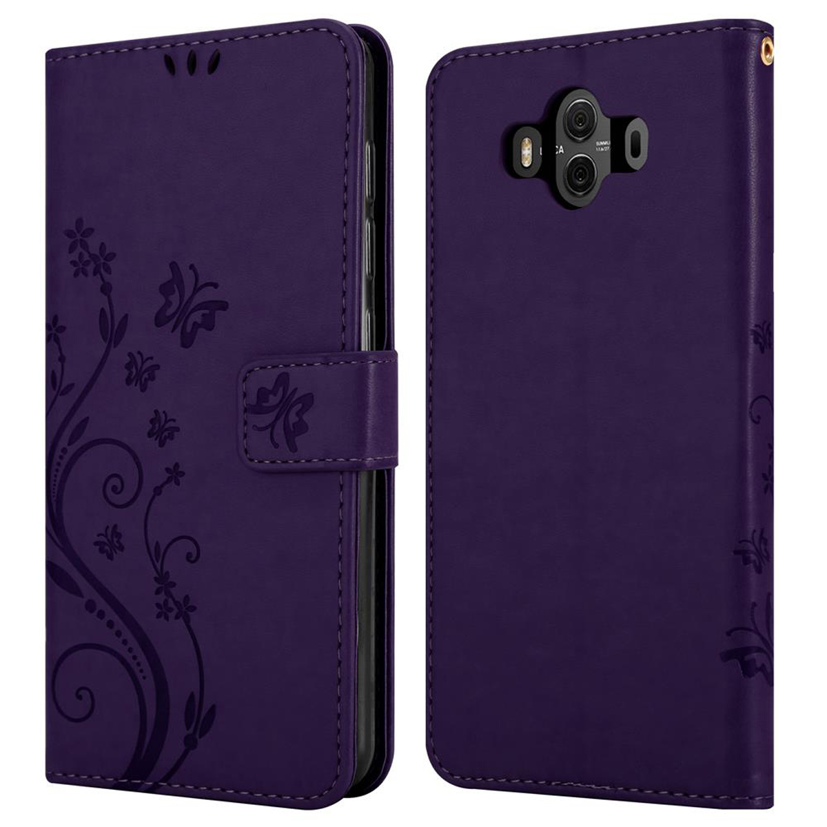 Custodia per telefono viola, aperta per rivelare un telefono. La custodia è decorata con disegni floreali.