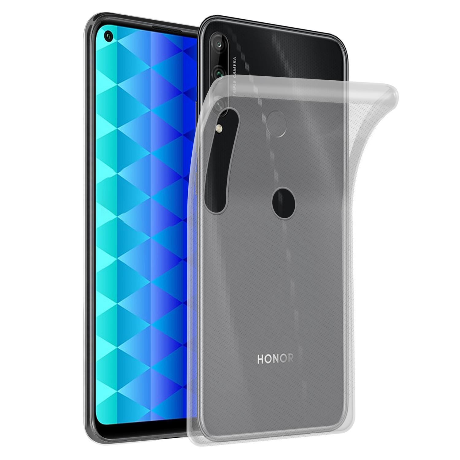 Ein Telefon mit transparentem Gehäuse, einem blauen und geometrischen Muster und einem HONOR-Logo.