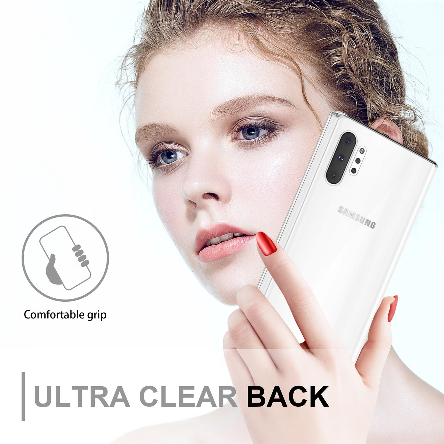 Donna che tiene un telefono bianco, retro ultra trasparente. Grafica della mano indica presa comoda.