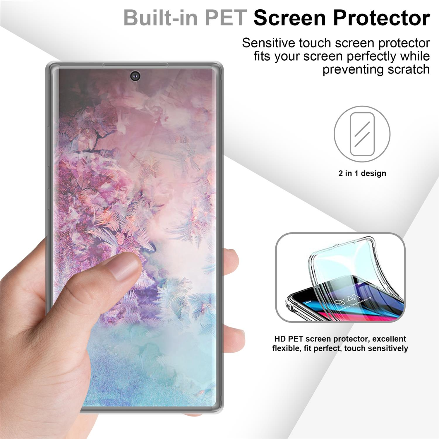 Protezione schermo PET integrata con un telefono all'interno. La protezione è trasparente e sensibile al tocco.