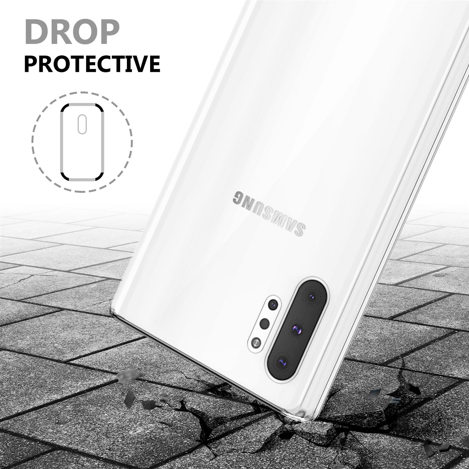 Custodia trasparente per telefono su superficie di pietra crepata con logo Samsung.