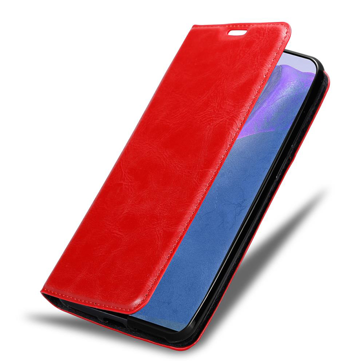 Eine rote Leder-Handyhülle, geöffnet, um einen blauen Telefonbildschirm freizugeben. Der Koffer ist abgewinkelt.