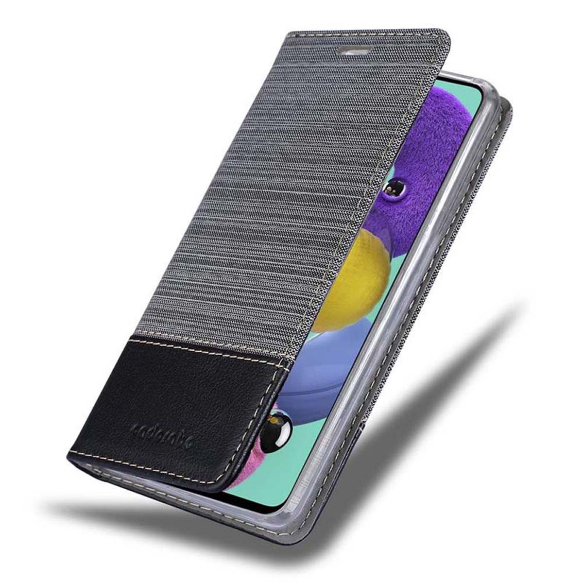 Custodia per telefono aperta, che mostra un telefono all'interno. La custodia ha un design grigio e nero.